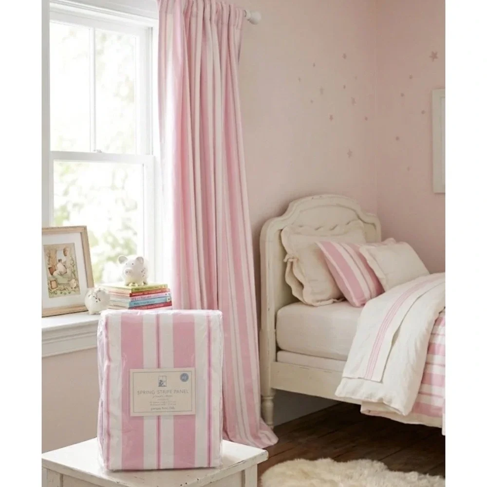Pottery Barn Kids Spring Stripe Curtain Panel Pink White 44x63 Cotton Single